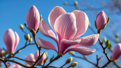 Fototapeta premium Magnolia flowers in bloom with pink petals against a clear blue sky. Nature and floral scene, springtime. Botanical and garden imagery.