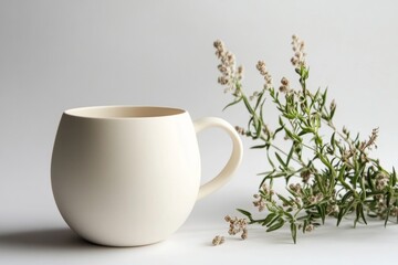 A minimalistic white mug mockup with a round handle