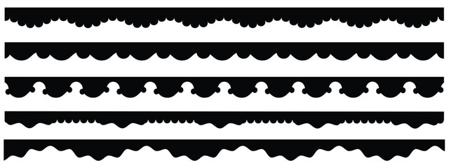  Scalloped edge seamless set. borders and dividers. Simple scalloped border. Repeat cute vintage frill ornament. Texture ribbons. stripe,tape collection isolated on white background.