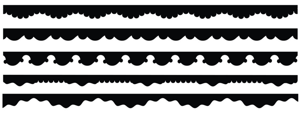  Scalloped edge seamless set. borders and dividers. Simple scalloped border. Repeat cute vintage frill ornament. Texture ribbons. stripe,tape collection isolated on white background.