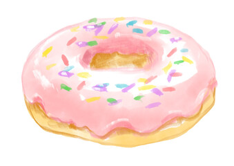 美味しそうでかわいいストロベリードーナツの手描き水彩イラスト