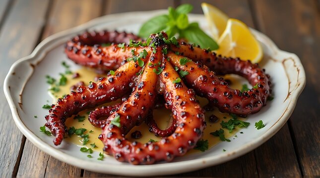 Grilled octopus tentacles served with lemon and herbs on a rustic wooden table
