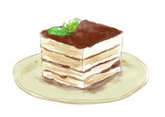 美味しそうなミントの乗ったティラミスの手描き水彩イラスト