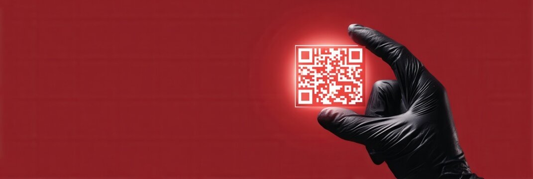 Gloved hand holding glowing qr code on red background.
