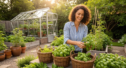 Woman Harvesting Fresh Basil From Her Lush Organic Garden In Summer