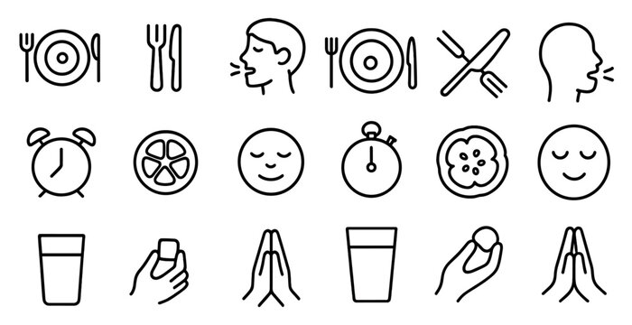 Dining and wellness line icons set – outline, silhouette, eating and mindfulness symbols