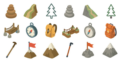 Hiking and adventure icons set – isometric, 3d, backpacking and trekking essentials