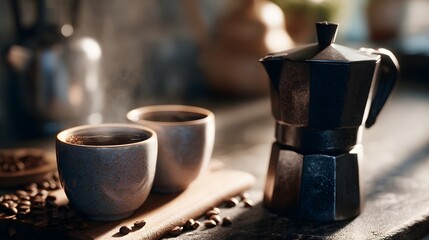 Freshly brewed moka pot coffee with cups beside home espresso lighting sharp focus