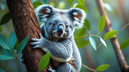 Fototapeta premium Young koala hugging a tree with green leaves in a natural forest environment.