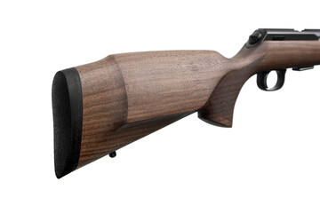 
Close-up of a classic wooden rifle buttstock with a black recoil pad, isolated on a white back