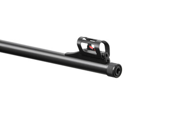 Close-up of a rifle barrel with a front sight and muzzle, isolated on a stark white back