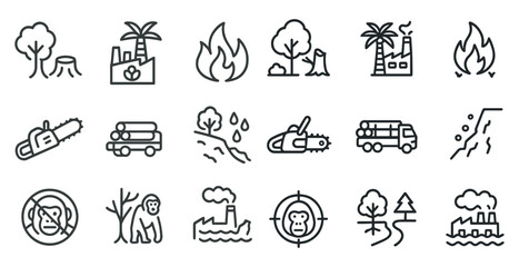 Fototapeta premium Deforestation outline icons set – conservation, environmental impact symbols