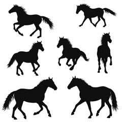 Set of Seven Black Horse Silhouette Illustrations on Transparent Background