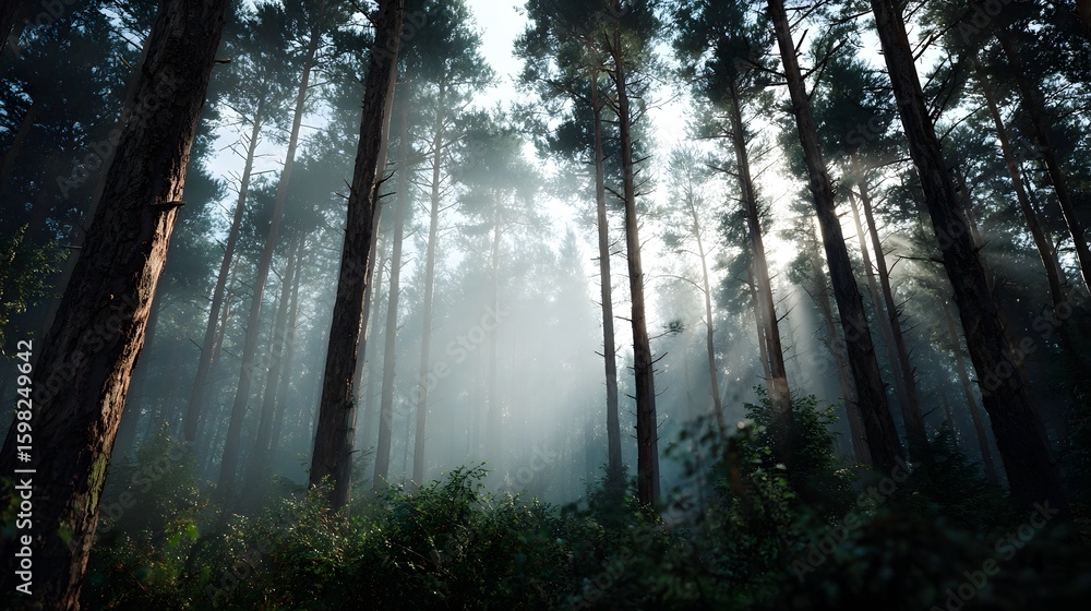 Poster a dense pine forest with sunlight streaming through the mist long title a serene and majestic pine f