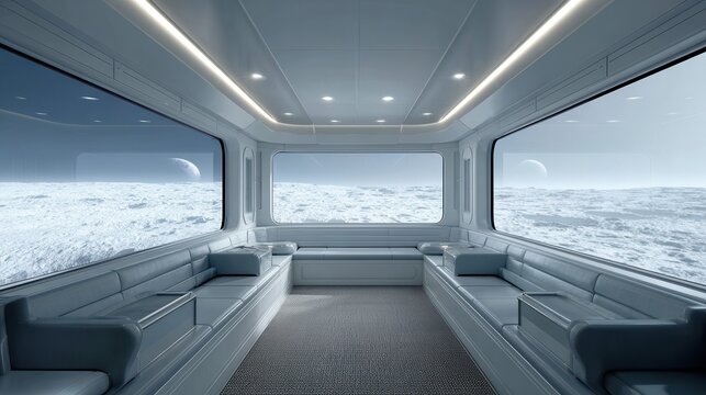 Futuristic spacecraft interior overlooking moon's surface with panoramic view.