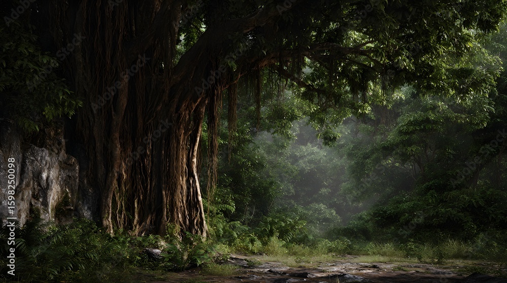 Poster mysterious ancient banyan tree in a lush jungle setting long title majestic centuries old banyan tre