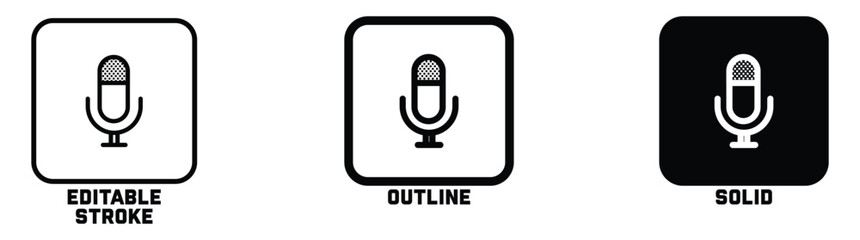 Microphone icon set vector mic icon symbol ; Podcast microphone web icon ; record, audio, sound, voice icons. editable stroke outline style for app user interface and web vector elements. Vector illus