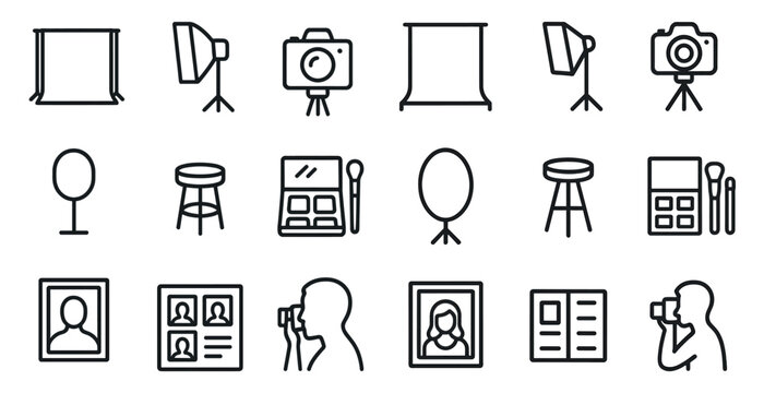 Photography studio line icons set – outline, camera, lighting equipment graphics