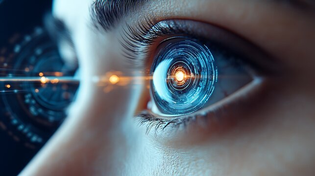 Close-up of a futuristic eye with digital interface.
