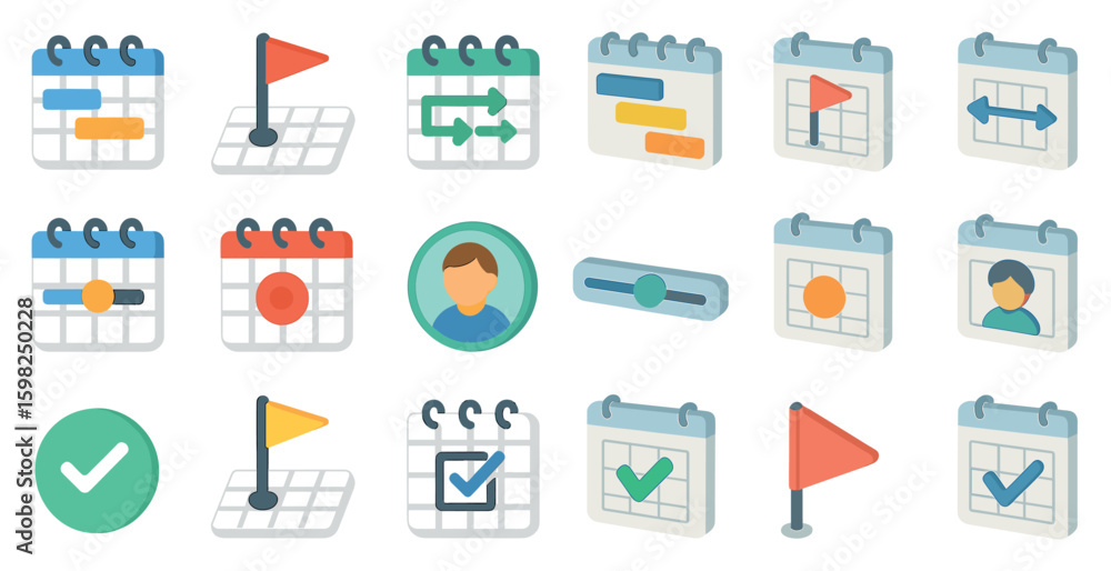 Poster project management calendar icons set – flat, task tracking and planning tools