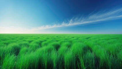 Vast green grassland under a blue sky with clouds.
