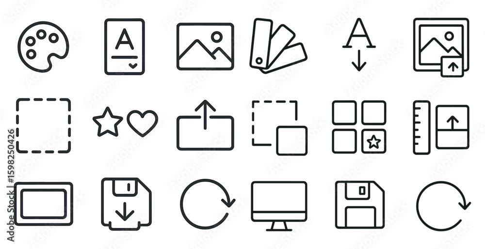 Poster graphic design outline icons set for creative projects and branding tasks