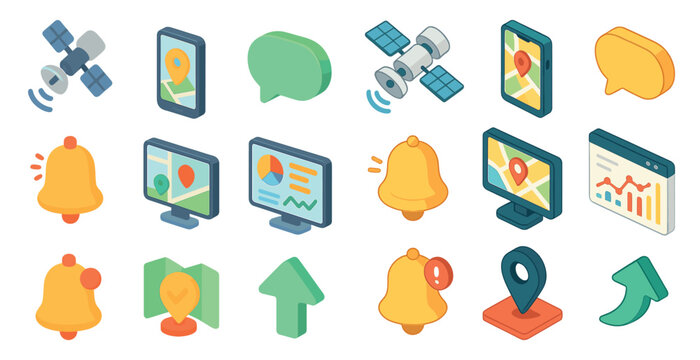 Navigation and communication icons set – isometric, 3d, maps and messaging symbols