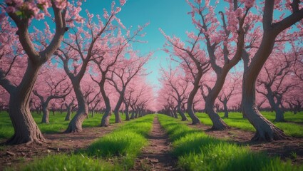 Cherry blossom trees in full bloom lining a pathway with vibrant green grass under a bright blue sky.