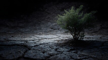 A solitary tree growing from cracked parched earth in a desolate desert landscape