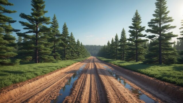 A dirt road with puddles of water running through a dense pine forest under a clear blue sky. - Powered by Adobe