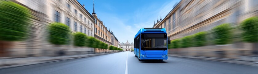 Blue Bus Moving Through Urban Street with Green Trees