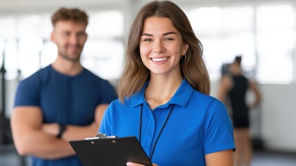 Confident Fitness Instructor with Clipboard in Gym Setting