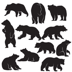 Illustration vector graphics of a set bear silhouette in various dynamic poses perfect for background, stickers, Clipart, animals themed, decorations, icon, logo, mascot
