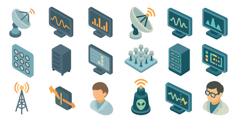Telecommunications isometric icons set – tech, communication, network visuals