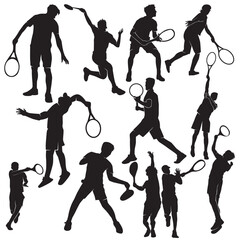 Illustration vector graphics of a set tennis player silhouette in various dynamic poses perfect for background, stickers, Clipart, sports themed, decorations, icon, logo, mascot, etc