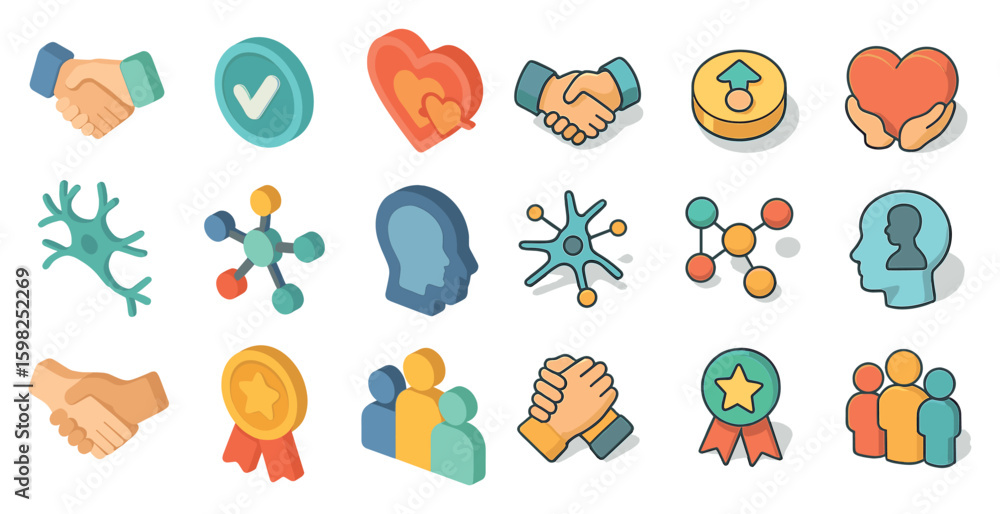 Poster communication and relationships icons set – isometric style, teamwork and interaction symbols