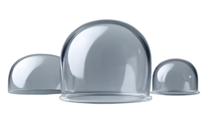 Glass hemisphere transparent dome. Realistic vector illustration set of plastic protection half globe. Geometric ball to cover showcase or product stand. Empty round clear safety container or jar.