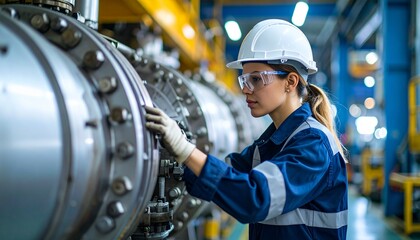 marine engineer with grease-stained hands and protective glasses inspecting a large ship engine, industrial lighting, medium shot in engine room, **dark blurred background on one side to insert text**