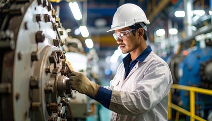 marine engineer with grease-stained hands and protective glasses inspecting a large ship engine, industrial lighting, medium shot in engine room, **dark blurred background on one side to insert text**