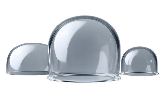 Glass hemisphere transparent dome. Realistic vector illustration set of plastic protection half globe. Geometric ball to cover showcase or product stand. Empty round clear safety container or jar. - Powered by Adobe