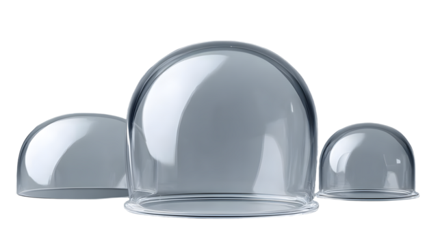 Glass hemisphere transparent dome. Realistic vector illustration set of plastic protection half globe. Geometric ball to cover showcase or product stand. Empty round clear safety container or jar.