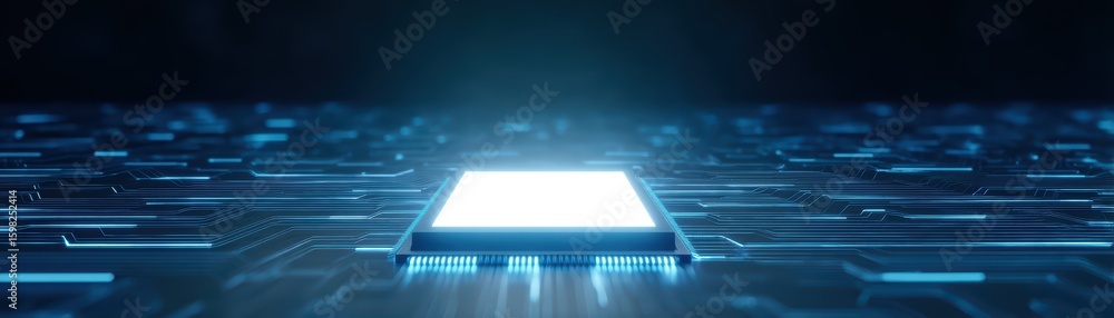 Poster futuristic microchip surrounded by digital circuitry glow