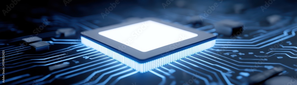 Poster high-tech microchip on circuit board with blue glow effect