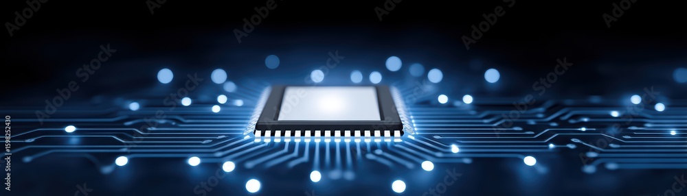 Poster futuristic microchip on circuit board with led lights