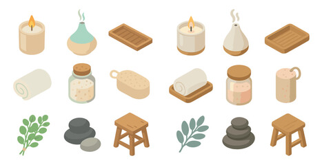 Spa and relaxation isometric icons set – massage, wellness, soothing elements