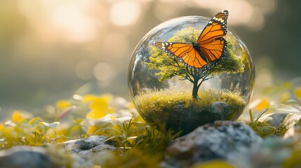 "Eco Surrealism: Glass Sphere with Tree & Butterfly - Environmental Banner Template for World Environment Day"