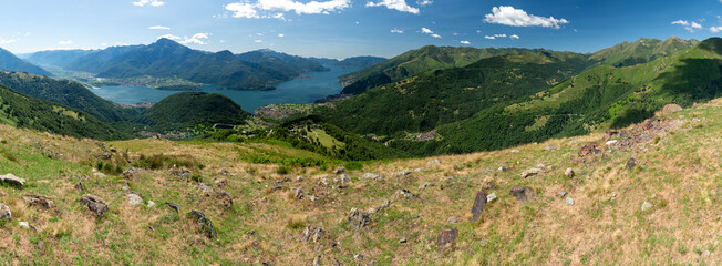 Panorama of Lake Como from above, photographed at Alpe Motta, Peglio, with a view of the mountains...