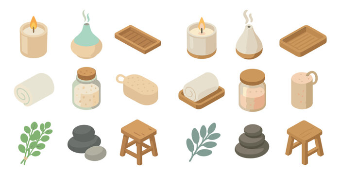 Spa and relaxation isometric icons set – massage, wellness, soothing elements