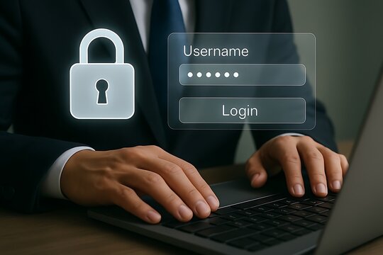 Person logging into secure system hands laptop