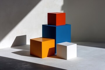 Colored cubes are stacked in front of sunlit wall for product presentation/design